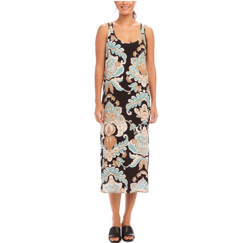 Karen Kane Side Slit Tank Dress Aquamarine Floral Print Midi Crepe Medium